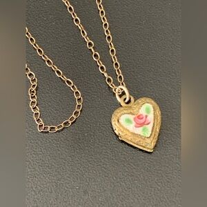 KIDDIEGEM VTG Sterling Silver Enamel Rose Child’s Heart Locket Pendant Necklace